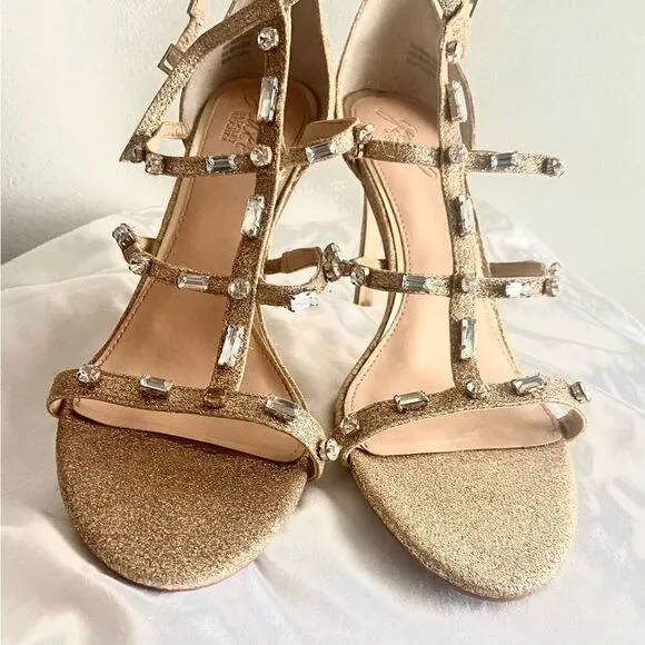 Badgley Mischka Jewel Adela embellished strappy gold  evening sandals si…