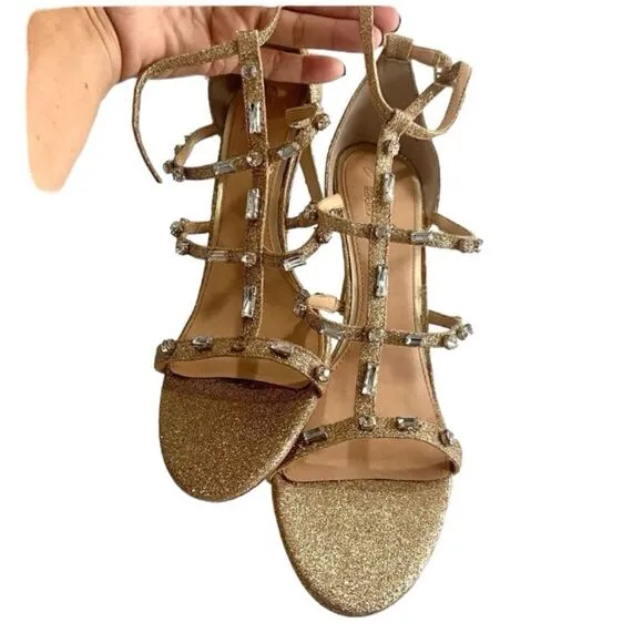Badgley Mischka Jewel Adela embellished strappy gold  evening sandals si…