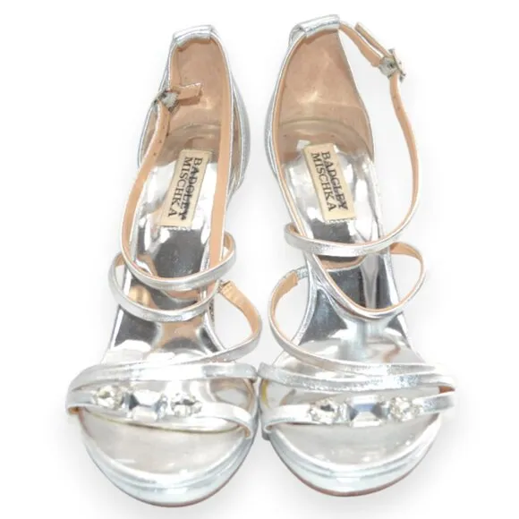 Badgley Mischka Silver Crystal Diamond Leather Open Toe Dress Sandals Heels 7.5