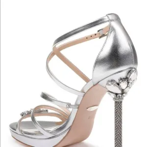 Badgley Mischka Silver Crystal Diamond Leather Open Toe Dress Sandals Heels 7.5