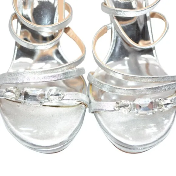 Badgley Mischka Silver Crystal Diamond Leather Open Toe Dress Sandals Heels 7.5