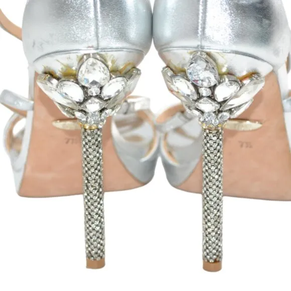 Badgley Mischka Silver Crystal Diamond Leather Open Toe Dress Sandals Heels 7.5