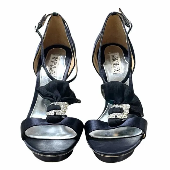 Badgley Mischka Women 10 Heels Open Toe Satin Rhinestone Stiletto Platform Black