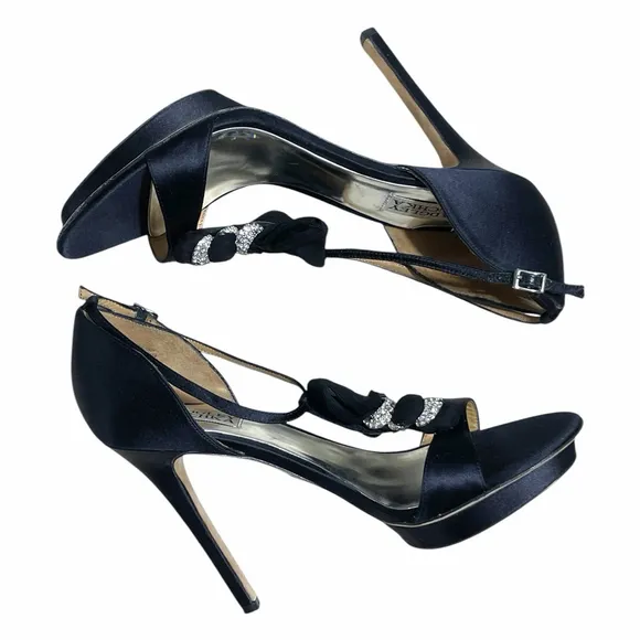 Badgley Mischka Women 10 Heels Open Toe Satin Rhinestone Stiletto Platform Black