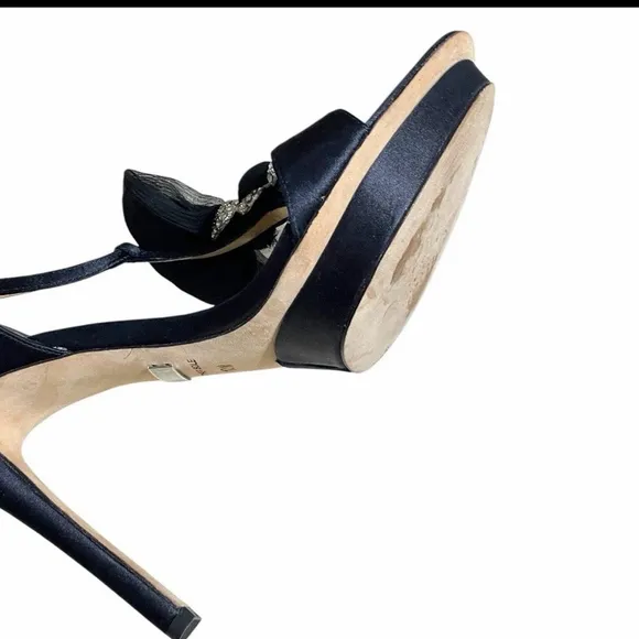 Badgley Mischka Women 10 Heels Open Toe Satin Rhinestone Stiletto Platform Black