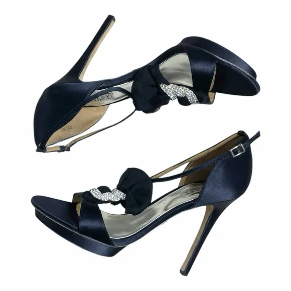Badgley Mischka Women 10 Heels Open Toe Satin Rhinestone Stiletto Platform Black