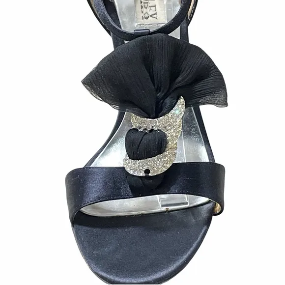 Badgley Mischka Women 10 Heels Open Toe Satin Rhinestone Stiletto Platform Black