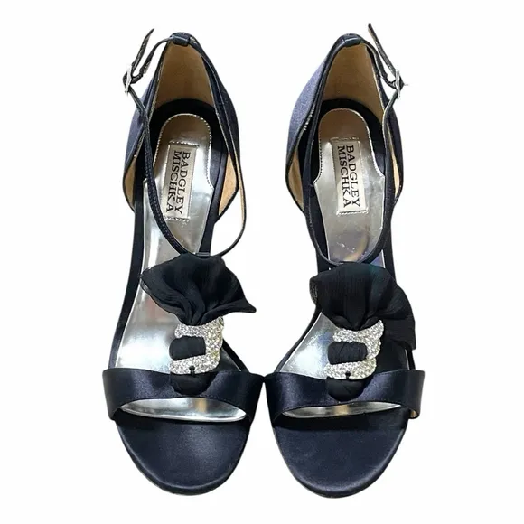 Badgley Mischka Women 10 Heels Open Toe Satin Rhinestone Stiletto Platform Black