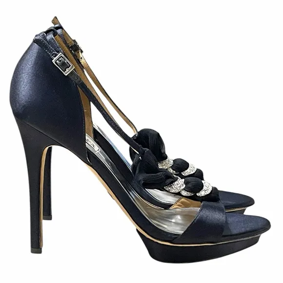 Badgley Mischka Women 10 Heels Open Toe Satin Rhinestone Stiletto Platform Black