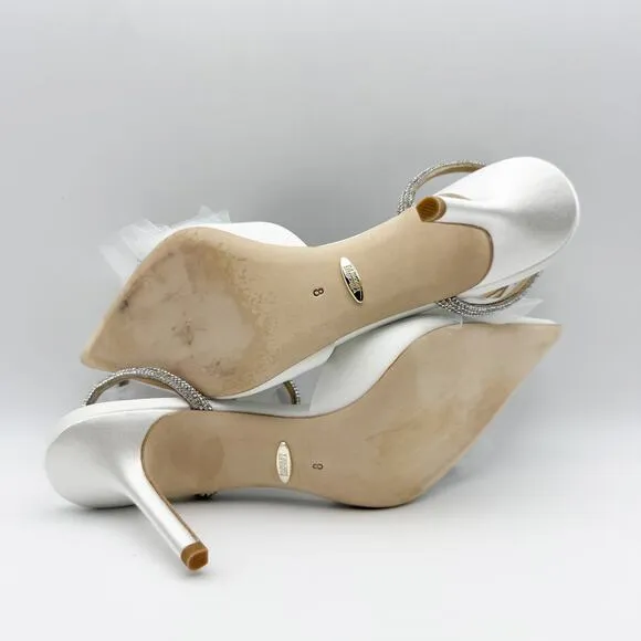 Badgley Mischka Women's Sacred Embellished Ankle Strap Pumps US 8 White Bow NIB