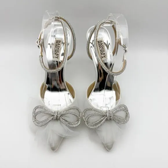 Badgley Mischka Women's Sacred Embellished Ankle Strap Pumps US 8 White Bow NIB
