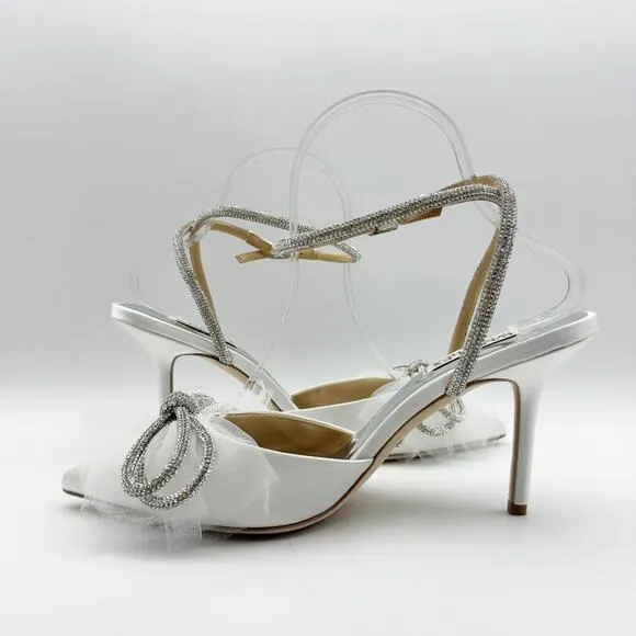 Badgley Mischka Women's Sacred Embellished Ankle Strap Pumps US 8 White Bow NIB