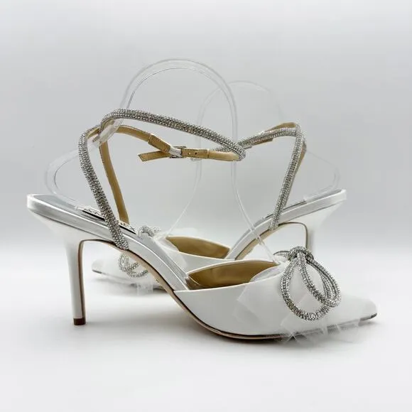 Badgley Mischka Women's Sacred Embellished Ankle Strap Pumps US 8 White Bow NIB