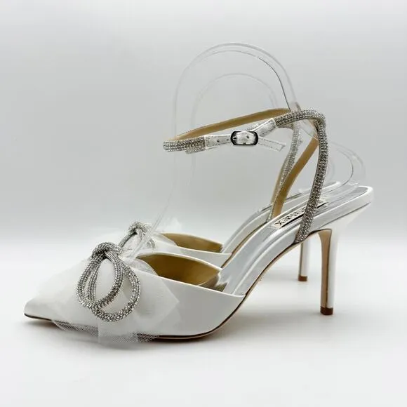 Badgley Mischka Women's Sacred Embellished Ankle Strap Pumps US 8 White Bow NIB