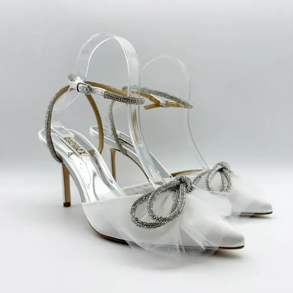 Badgley Mischka Women's Sacred Embellished Ankle Strap Pumps US 8 White Bow NIB