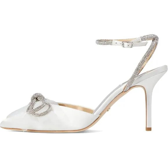 Badgley Mischka Women's Sacred Embellished Ankle Strap Pumps US 8 White Bow NIB