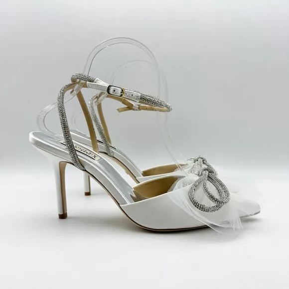 Badgley Mischka Women's Sacred Embellished Ankle Strap Pumps US 8 White Bow NIB