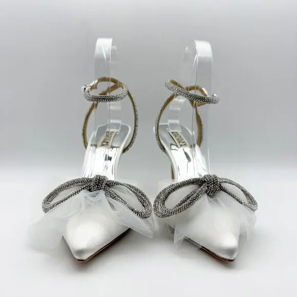 Badgley Mischka Women's Sacred Embellished Ankle Strap Pumps US 8 White Bow NIB