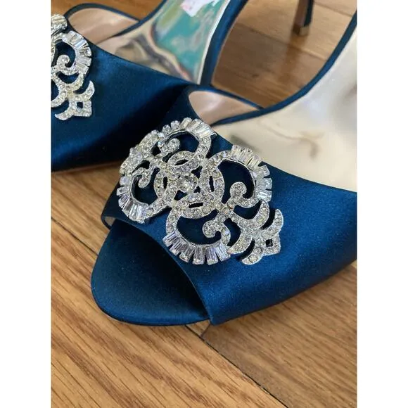 Badgley Mischka Women’s Shoes Teal Fabric Peep Toe Rhinestone Embellished 8.5 M