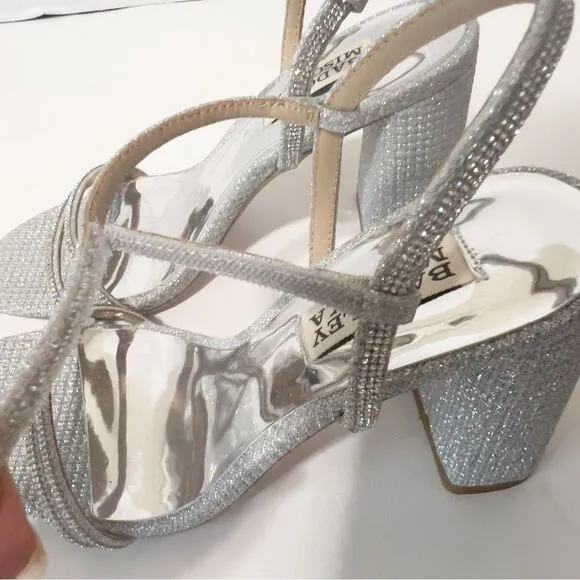 Badgley Mischka Firey Bejeweled Silver Rhinestone Block Heel Sandal Size 5 NWOT