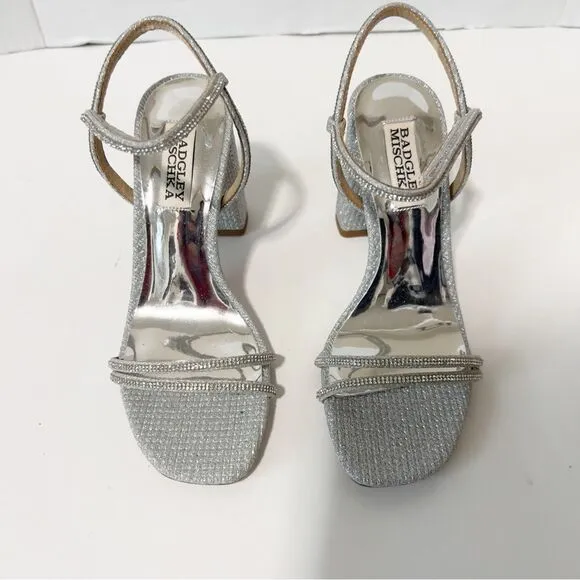 Badgley Mischka Firey Bejeweled Silver Rhinestone Block Heel Sandal Size 5 NWOT