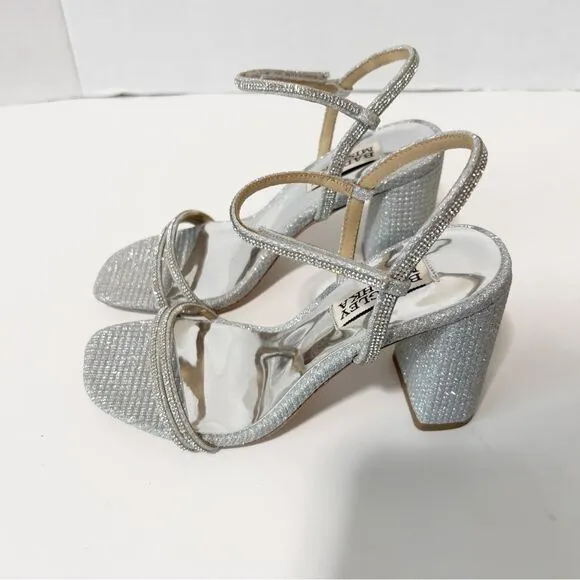Badgley Mischka Firey Bejeweled Silver Rhinestone Block Heel Sandal Size 5 NWOT