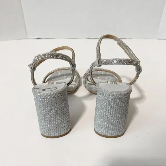 Badgley Mischka Firey Bejeweled Silver Rhinestone Block Heel Sandal Size 5 NWOT