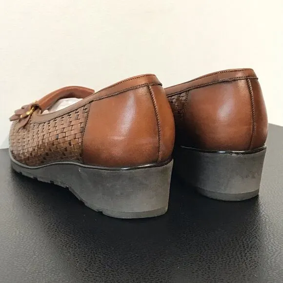 Bally Suisse Vasano Basket Weave Leather Slip On Wedge Heel Tassel Loafer Shoes