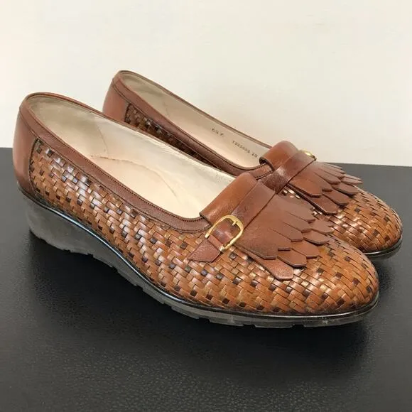 Bally Suisse Vasano Basket Weave Leather Slip On Wedge Heel Tassel Loafer Shoes