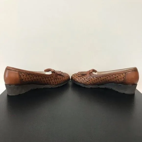 Bally Suisse Vasano Basket Weave Leather Slip On Wedge Heel Tassel Loafer Shoes