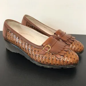 Bally Suisse Vasano Basket Weave Leather Slip On Wedge Heel Tassel Loafer Shoes