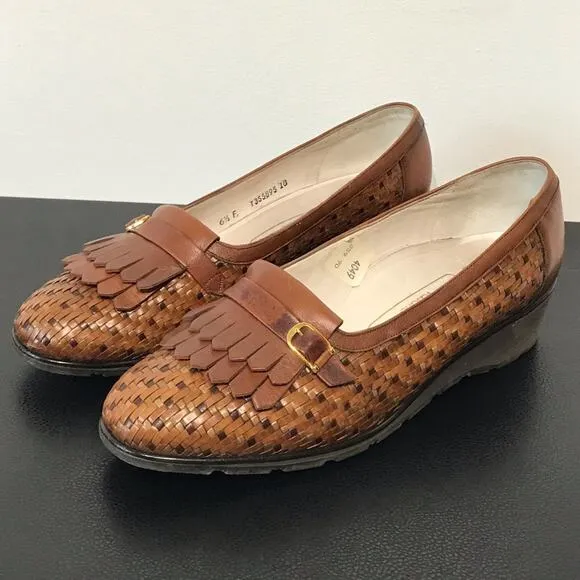 Bally Suisse Vasano Basket Weave Leather Slip On Wedge Heel Tassel Loafer Shoes