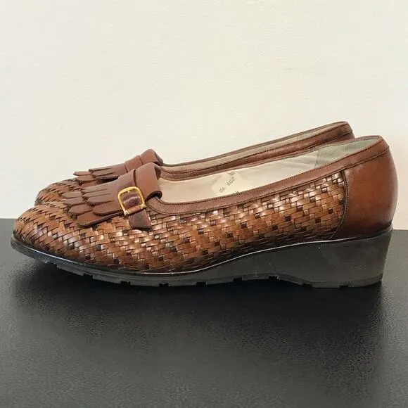 Bally Suisse Vasano Basket Weave Leather Slip On Wedge Heel Tassel Loafer Shoes