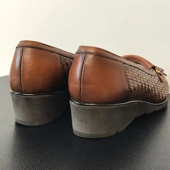 Bally Suisse Vasano Basket Weave Leather Slip On Wedge Heel Tassel Loafer Shoes