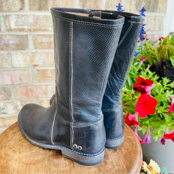 BED STU Annette Mid Calf Moto Zippered Black Leather Distressed Boot Size 7.5