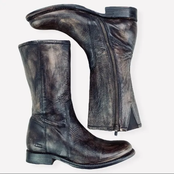 BED STU Annette Mid Calf Moto Zippered Black Leather Distressed Boot Size 7.5