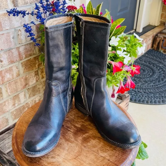 BED STU Annette Mid Calf Moto Zippered Black Leather Distressed Boot Size 7.5