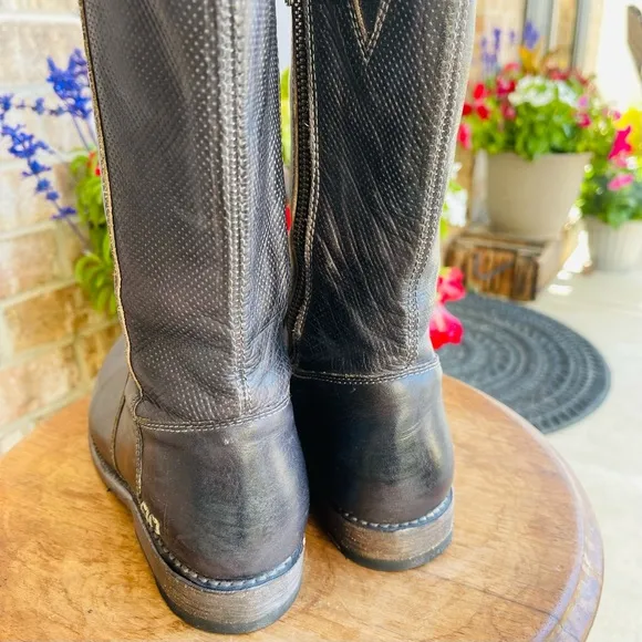 BED STU Annette Mid Calf Moto Zippered Black Leather Distressed Boot Size 7.5
