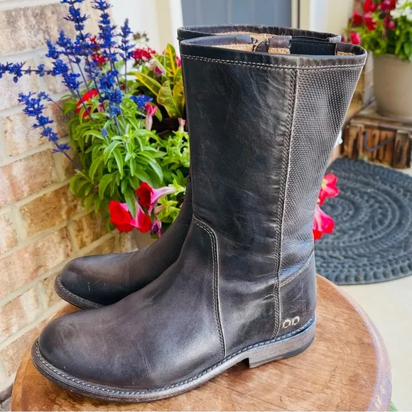 BED STU Annette Mid Calf Moto Zippered Black Leather Distressed Boot Size 7.5
