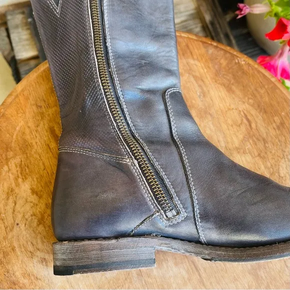 BED STU Annette Mid Calf Moto Zippered Black Leather Distressed Boot Size 7.5