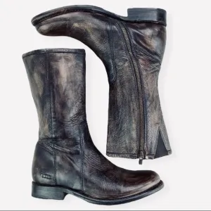 BED STU Annette Mid Calf Moto Zippered Black Leather Distressed Boot Size 7.5