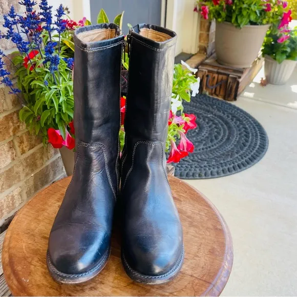 BED STU Annette Mid Calf Moto Zippered Black Leather Distressed Boot Size 7.5