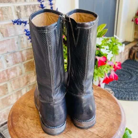 BED STU Annette Mid Calf Moto Zippered Black Leather Distressed Boot Size 7.5