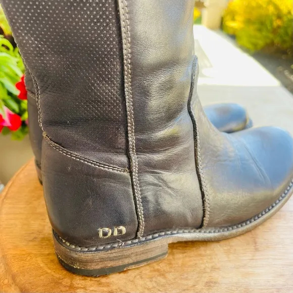 BED STU Annette Mid Calf Moto Zippered Black Leather Distressed Boot Size 7.5
