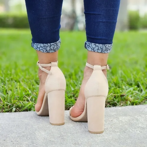 Beige Suede Ankle Strap Block Heel Dress Sandals