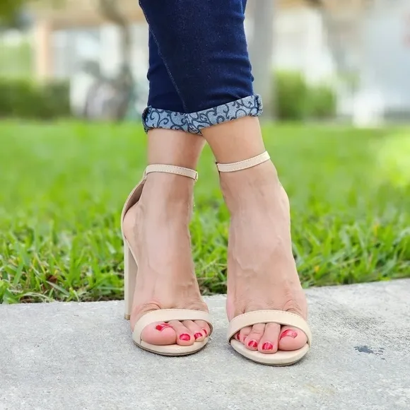 Beige Suede Ankle Strap Block Heel Dress Sandals