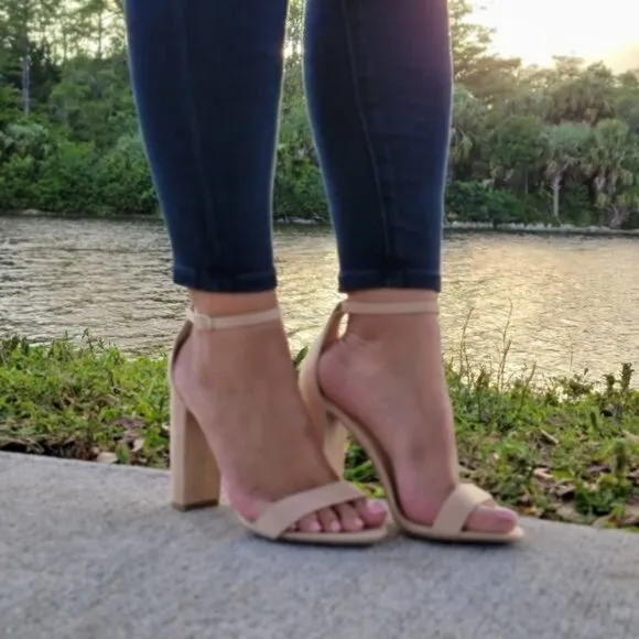 Beige Suede Ankle Strap Block Heel Dress Sandals