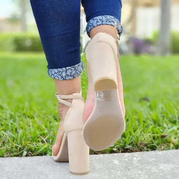 Beige Suede Ankle Strap Block Heel Dress Sandals