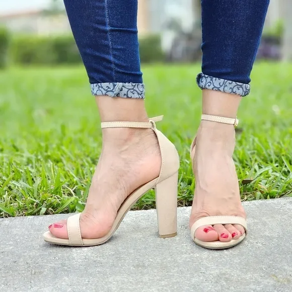 Beige Suede Ankle Strap Block Heel Dress Sandals