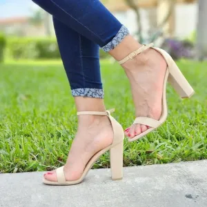 Beige Suede Ankle Strap Block Heel Dress Sandals